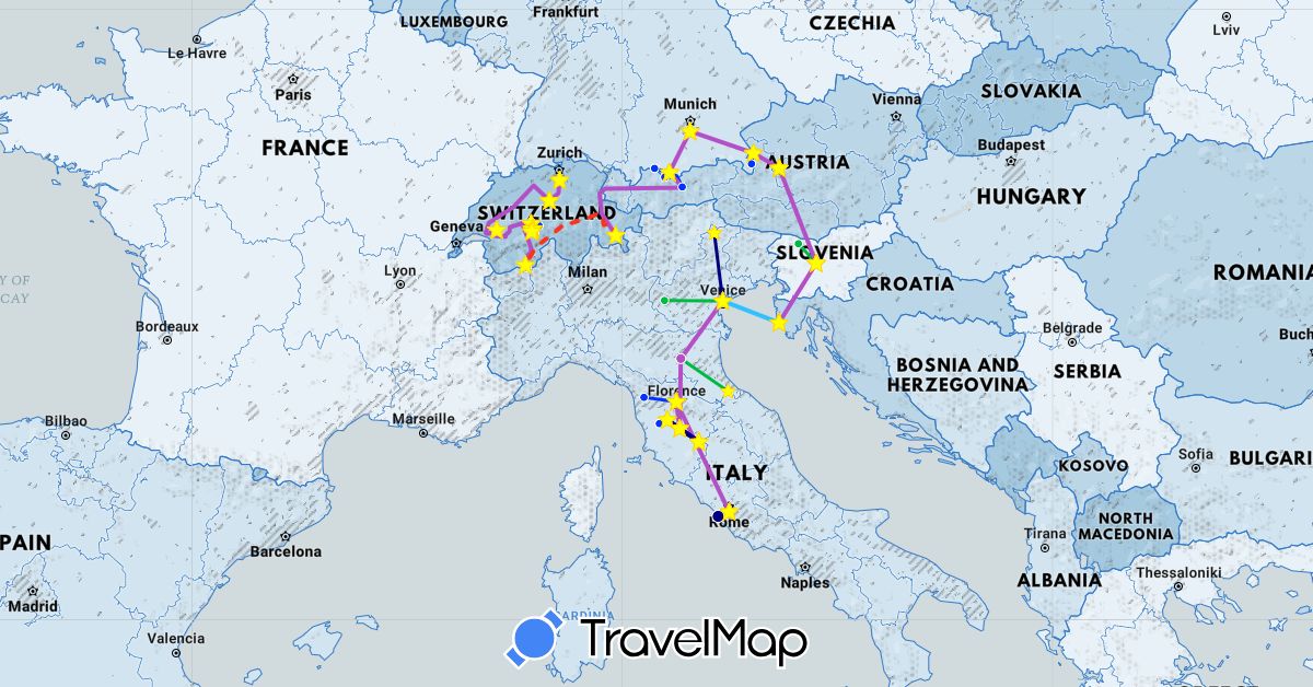 TravelMap itinerary: driving, bus, train, boat, glacier express, day trip in Austria, Switzerland, Germany, Croatia, Italy, Slovenia, San Marino (Europe)